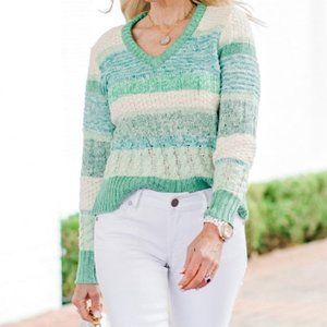 CAbi #6170 Mix Stitch V-Neck Pullover Striped Sweater in Mint Julep Size Small